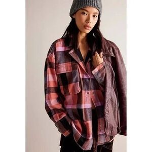 NWOT WE THE FREE PEOPLE Pink Orange Izzy Cargo Oversized Shirt Plaid Shacket XL